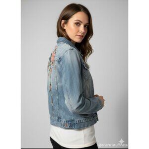 Fylo Y2K 2000s Embroidered Floral Denim Jean Jacket Boho Chic S